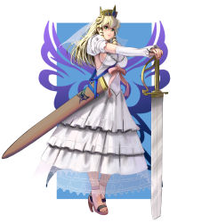Rule 34 | 1girl, blonde hair, border, bow, breasts, crown, detached sleeves, dress, full body, green eyes, highres, kouno (masao), large breasts, long hair, original, outside border, pink bow, princess, puffy short sleeves, puffy sleeves, scabbard, sheath, short sleeves, solo, standing, sword, veil, weapon, white border, white dress