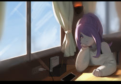 Rule 34 | 1girl, absurdres, alternate hairstyle, backlighting, bad id, bad pixiv id, cellphone, curtains, dark, day, electric plug, electrical outlet, film grain, glaring, hair over one eye, hand on own cheek, hand on own face, highres, huihuimao, letterboxed, little witch academia, looking at viewer, notebook, off shoulder, pale skin, pencil, phone, pink hair, ponytail, pout, red eyes, sitting, smartphone, solo, sucy manbavaran, sunlight, sweater, table, white curtains, window
