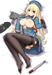 Rule 34 | 10s, 1girl, absurdres, atago (kancolle), bar censor, bed sheet, beret, black pantyhose, blonde hair, blue eyes, blue hat, blush, breasts, breasts out, censored, feet, gun, hat, highres, hu sea, inverted nipples, kantai collection, large breasts, long hair, military, nipples, no shoes, pantyhose, penis, pussy, solo, thighband pantyhose, torn clothes, torn legwear, torn pantyhose, torpedo, type 93 torpedo, weapon