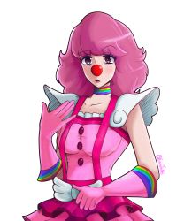 Rule 34 | 1girl, absurdres, ace attorney, artist request, black eyes, breasts, choker, cleavage cutout, clothing cutout, clown girl, clown nose, dress, female focus, geiru toneido, gloves, highres, large breasts, long hair, looking at viewer, multicolored clothes, open mouth, phoenix wright: ace attorney - spirit of justice, pink hair, simple background, skirt, solo, standing, suspender skirt, suspenders, suspenders pull