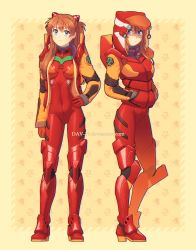 Rule 34 | 1girl, adapted costume, blue eyes, boots, closed mouth, dav-19, hand on own hip, hands in pockets, highres, hood, jacket, long hair, looking at viewer, multiple views, neon genesis evangelion, nerv, open clothes, open jacket, plugsuit, red hair, shaded face, smile, souryuu asuka langley, thighhighs, watermark, web address