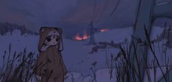 1girl animal_costume bear_costume brown_eyes brown_hair closed_mouth cloud cold highres hill iwakura_lain nekololisanyakogrj night night_sky outdoors power_lines scenery self-upload serial_experiments_lain short_hair single_sidelock sky snow solo winter