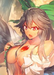 Rule 34 | 1girl, black hair, bow, breasts, hair bow, heart, heart-shaped pupils, large breasts, long hair, melon22, no bra, open mouth, puffy short sleeves, puffy sleeves, red eyes, reiuji utsuho, shirt, short sleeves, sketch, solo, sweat, symbol-shaped pupils, third eye, torn clothes, torn shirt, touhou, underboob, very long hair