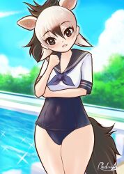 Rule 34 | 1girl, aardwolf (kemono friends), animal ears, black hair, black one-piece swimsuit, blush, covered navel, extra ears, hair between eyes, highres, kemono friends, looking at viewer, multicolored hair, neckerchief, old school swimsuit, one-piece swimsuit, open mouth, ponytail, pool, poolside, redrufu2000, sailor collar, school swimsuit, school uniform, serafuku, shirt, smile, solo, swimsuit, swimsuit under clothes, tail, two-tone hair, white hair
