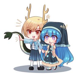 Rule 34 | 2girls, absurdres, antlers, aqua apron, black footwear, blonde hair, blue bow, blue hair, blue shirt, blue skirt, bow, bright pupils, chibi, chinese commentary, commentary request, dragon tail, dress, film grain, frilled headwear, haniyasushin keiki, head scarf, highres, horns, juliet sleeves, kicchou yachie, long hair, long sleeves, mary janes, mask (boring mask), medium skirt, multiple girls, open mouth, pleated skirt, pointing, puffy sleeves, purple eyes, shirt, shoes, short hair, skirt, sleeves past elbows, smile, socks, swept bangs, tail, touhou, white pupils, white socks, wide sleeves, yellow dress