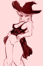 Rule 34 | bare shoulders, blush, breasts, cleft of venus, clothes lift, earrings, hat, jewelry, long hair, monochrome, no panties, noise (lesion949), original, pink background, pussy, sketch, skirt, skirt lift, smile, solo, thighs, uncensored, witch hat