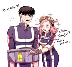 Rule 34 | !, 10s, 1boy, 1girl, ?, ??, bad id, bad pixiv id, blue hair, blush, boku no hero academia, english text, fingerless gloves, glasses, gloves, goggles, goggles on head, hatsume mei, iida tenya, jacket, pants, pink hair, restrained, saran, simple background, smile, sparkle, sweat, text focus, track jacket, track pants, white background, yellow eyes