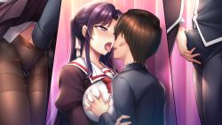 Rule 34 | 1girl, aiue oka, blush, breasts, bulge, drooling, embarrassed, erection, erection under clothes, fingering, fingering through clothes, from side, game cg, grabbing, grabbing another&#039;s breast, groin, himemiya tsukino, indoors, large breasts, legs, long hair, looking at another, multiple views, mutual masturbation, no eyes, open mouth, original, panties, panties under pantyhose, pantyhose, penis, penis grab, pink eyes, purple hair, pussy juice, saimin gakushuu -secret desire-, saliva, school uniform, standing, steaming body, thighs, through clothes, underwear, wet