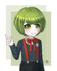 1boy artist_name black_pants blush border bow child danganronpa_(series) danganronpa_another_episode:_ultra_despair_girls eyebrows fingernails genderswap genderswap_(ftm) green_background green_eyes green_hair hand_up light-wynd long_sleeves looking_at_viewer male_focus matching_hair/eyes neck_ribbon pants red_bow red_suspenders ribbon signature simple_background smile solo standing suspenders towa_monaca white_border