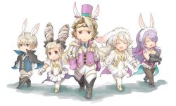 Rule 34 | 2boys, 3girls, alternate costume, animal ears, blonde hair, camilla (fire emblem), camilla (spring) (fire emblem), cape, chibi, closed eyes, corrin (female) (fire emblem), corrin (fire emblem), drill hair, elise (fire emblem), fake animal ears, fire emblem, fire emblem fates, fire emblem heroes, gloves, hat, leo (fire emblem), leotard, multiple boys, multiple girls, nintendo, open mouth, pantyhose, playboy bunny, purple hair, rabbit ears, robaco, serious, side-by-side, smile, top hat, twin drills, walking, xander (fire emblem), xander (spring) (fire emblem)