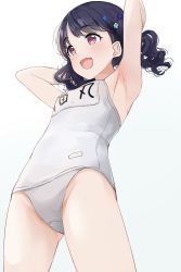 Rule 34 | 1girl, armpits, arms up, bare arms, black hair, breasts, character name, commentary, fangs, flower, from below, fukumaru koito, gradient background, grey background, hair flower, hair ornament, highres, hiroki (yyqw7151), idolmaster, idolmaster shiny colors, looking away, name tag, one-piece swimsuit, open mouth, parted bangs, purple eyes, school swimsuit, skin fangs, small breasts, solo, swimsuit, thighs, twintails, white background, white one-piece swimsuit