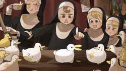 Rule 34 | 4girls, :d, :t, ^ ^, arm grab, balloon, beak, bird, blonde hair, blue eyes, brown eyes, brown hair, cheek bulge, chicken, clinging, closed eyes, clumsy nun (diva), commentary, corn, cup, curtains, dirty, dirty clothes, diva (hyxpk), drawing, duck, duckling, english commentary, food, food on body, food on face, froggy nun (diva), grey hair, habit, hand on another&#039;s shoulder, hat, head on another&#039;s shoulder, highres, holding, holding cup, holding saucer, little nuns (diva), mole, mole under mouth, monocle, multiple girls, nun, open mouth, painting (object), pointing, poster (object), rabbit, saucer, smile, smug nun (diva), soup, spicy nun (diva), spilling, sweatdrop, top hat, traditional nun, triangle mouth, yellow eyes