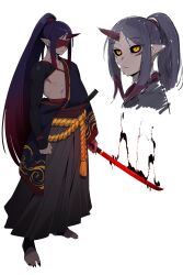 Rule 34 | 1boy, absurdres, black sclera, blindfold, closed mouth, colored sclera, colored skin, demon boy, fingernails, grey skin, highres, holding, holding sword, holding weapon, horns, in (ain), japanese clothes, kimono, long hair, male focus, multicolored hair, multiple views, orange eyes, original, pointy ears, ponytail, samurai, sharp fingernails, sharp toenails, simple background, single horn, skirt, standing, sword, toenails, very long hair, weapon, white background
