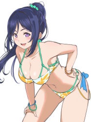 Rule 34 | 1girl, bent over, bikini, bikini under clothes, blue hair, blush, bracelet, breasts, cleavage, collarbone, female focus, highres, jewelry, kanabun, large breasts, leaning forward, long hair, looking at viewer, love live!, love live! sunshine!!, matsuura kanan, navel, open mouth, ponytail, purple eyes, smile, solo, standing, swimsuit, swimsuit under clothes, white background