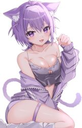 Rule 34 | 129 nemui, 1girl, animal ear fluff, animal ears, bare shoulders, black camisole, breasts, camisole, cat cutout, cat ears, cat girl, cat tail, cleavage, clothing cutout, collarbone, fang, highres, hololive, jacket, large breasts, looking at viewer, nekomata okayu, nekomata okayu (membership), open clothes, open jacket, open mouth, purple eyes, purple hair, purple jacket, purple shorts, purple tail, short hair, shorts, simple background, single off shoulder, skindentation, smile, solo, spaghetti strap, tail, thigh strap, two side up, virtual youtuber, white background, zipper