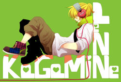Rule 34 | 1boy, actcat3, bad id, bad pixiv id, black necktie, blonde hair, character name, full body, green background, green scarf, hands in pockets, headphones, heart, highres, kagamine len, male focus, necktie, pants, plaid, ponytail, scarf, shoes, short hair, smile, solo, vocaloid