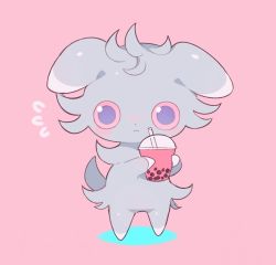 Rule 34 | aliceyawnin, blush, bubble tea, closed mouth, colored sclera, creatures (company), cup, drink, drinking straw, espurr, flying sweatdrops, full body, game freak, gen 6 pokemon, hands up, holding, light blush, looking at viewer, nintendo, no humans, nose blush, pink background, pink sclera, pokemon, pokemon (creature), purple eyes, simple background, solo, standing, wide-eyed