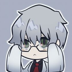 Rule 34 | 1boy, adjusting eyewear, benjamin (project moon), black shirt, blush, closed mouth, coat, coco (556ch0cl8), collared shirt, glasses, green eyes, grey hair, halftone, halftone background, hands up, highres, lab coat, lobotomy corporation, looking at viewer, male focus, necktie, portrait, project moon, red necktie, shirt, sleeves past fingers, sleeves past wrists, solo, white coat