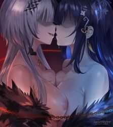 Rule 34 | 2girls, armpit crease, artist name, black hair, blue hair, breast press, breasts, chain, faceless, faceless female, fur trim, grey hair, hair ornament, hairclip, highres, holoadvent, hololive, hololive english, large breasts, long hair, multicolored hair, multiple girls, nerissa ravencroft, nerissa ravencroft (1st costume), nipples, saliva, saliva trail, shiori novella, shiori novella (1st costume), sunset skyline, two-tone hair, virtual youtuber, yuri