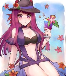Rule 34 | 1girl, alternate costume, artist name, bandeau, bare shoulders, black hat, breasts, cleavage, commentary, cup, drinking glass, drinking straw, female focus, fire emblem, fire emblem engage, fire emblem heroes, flower, hat, hat flower, highres, holding, holding cup, ivy (fire emblem), ivy (summer) (fire emblem), large breasts, long hair, looking at viewer, matching hair/eyes, navel, nintendo, official alternate costume, one-piece swimsuit, parted lips, pink flower, purple eyes, purple hair, purple one-piece swimsuit, purrlucii, solo, stomach, swimsuit, thighs, tropical drink, very long hair
