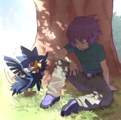 Rule 34 | 1boy, against tree, arm support, belt, belt buckle, bird, buckle, commentary request, creatures (company), day, game freak, gen 2 pokemon, grass, green shirt, highres, ichihara yuuto, male focus, murkrow, nintendo, open mouth, outdoors, pants, paul (pokemon), pokemon, pokemon (anime), pokemon (creature), pokemon dppt (anime), purple hair, shirt, shoes, short hair, short sleeves, sitting, sweat, t-shirt, tree