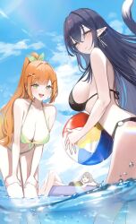 3girls :d ball beachball bikini black_bikini black_hair blue_sky bow breasts cat_tail cleavage closed_mouth cloud collarbone commentary_request day green_bikini green_bow green_eyes hair_bow hair_ornament hands_on_own_thighs highres holding holding_ball holding_beachball jag-eobsil_talchul!_acha_ctrl_s!! korean_commentary long_hair looking_at_viewer multiple_girls ocean open_mouth orange_hair outdoors pointy_ears ponytail purple_innertube second-party_source seorang sky smile swimsuit tail teeth thighs tongue upper_teeth_only x_hair_ornament yellow_eyes