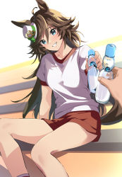 Rule 34 | 1girl, 1other, ahoge, animal ears, bottle, breasts, brown hair, feet out of frame, green eyes, gym uniform, hair ornament, hairclip, hat, head tilt, holding, holding bottle, horse ears, horse girl, horse tail, long hair, looking at viewer, mini hat, mini top hat, misu kasumi, mr. c.b. (umamusume), out of frame, pov, pov hands, ramune, red shorts, short sleeves, shorts, sitting, small breasts, smile, solo focus, tail, teeth, top hat, umamusume
