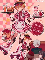 Rule 34 | 4boys, ahoge, andrew kreiss, apron, artist name, beret, black gloves, black shirt, blonde hair, blouse, blush, boots, bow, brown hair, burger, buttons, cake, cake slice, casual, cherry, collared shirt, cross-laced footwear, crossdressing, cup, diner, dog, drinking glass, edgar valden, elbow pads, english text, closed eyes, flying sweatdrops, food, french fries, frilled apron, frilled skirt, frills, fruit, gloves, hair between eyes, hair bow, hair over one eye, hat, heart, highres, holding, identity v, knee pads, lace-up boots, luca balsa, male focus, menu, mini flag, mouth hold, mug, multiple boys, neck ribbon, notepad, open mouth, orange eyes, parfait, puffy short sleeves, puffy sleeves, red neckwear, ribbon, roller skates, shirt, short hair, short sleeves, skates, skirt, skirt set, smile, solo focus, star (symbol), stitched mouth, stitches, striped, sweat, symbol-shaped pupils, tendenbarabara, tray, twitter username, vertical stripes, victor grantz, visor, waist apron, waitress, white footwear, white hair, wick (identity v), x-shaped pupils