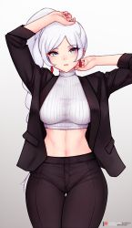 Rule 34 | 1girl, black jacket, black pants, blue eyes, bluefield, breasts, cowboy shot, cropped sweater, earrings, highres, jacket, jewelry, long hair, looking at viewer, medium breasts, midriff, navel, office lady, open clothes, open jacket, pants, ponytail, ribbed sweater, rwby, simple background, sleeves past wrists, solo, stomach, sweater, thigh gap, thighs, tight clothes, tight pants, weiss schnee, white hair