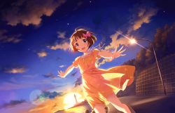 Rule 34 | 1girl, :d, artist request, dress, idolmaster, idolmaster cinderella girls, idolmaster cinderella girls starlight stage, kudo shinobu, official art, open mouth, outstretched arms, sky, smile, solo, spread arms, star (sky), starry sky, sun, twilight, wind