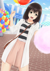 Rule 34 | 1girl, :d, bag, balloon, between breasts, black hair, blue sky, breasts, cloud, cloudy sky, cotton candy, day, english text, handbag, holding, looking at viewer, nonaka chikin, open mouth, original, pleated skirt, pov, short hair, skirt, sky, smile, solo, strap between breasts