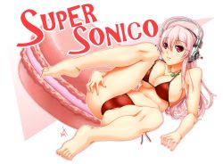 Rule 34 | 1girl, barefoot, bikini, blush, breasts, character name, cleavage, commentary request, full body, headphones, jewelry, kumatyu, large breasts, long hair, looking at viewer, macaron, navel, necklace, nitroplus, open mouth, pink hair, red bikini, red eyes, revision, side-tie bikini bottom, solo, super sonico, swimsuit