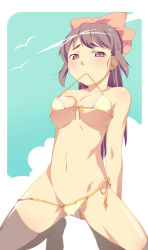 Rule 34 | 1girl, arms behind back, bare shoulders, bikini, bikini in mouth, bird, bow, breasts, brown hair, clothes in mouth, cloud, day, front-tie top, hair bow, highres, kapipopo, kneeling, large breasts, long hair, mouth hold, navel, no shoes, original, ponytail, purple eyes, side-tie bikini bottom, sky, solo, squatting, swimsuit, thighhighs, tiptoes, underboob, untied, watanabe akio, white bikini, white thighhighs