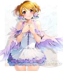 Rule 34 | 1girl, angel, angel wings, bare shoulders, brown hair, dress, facing viewer, floral print, flower, hair flower, hair ornament, hairpin, hands on own chest, highres, koizumi hanayo, layered dress, love live!, love live! school idol project, nakano maru, petals, purple eyes, ribbon, rose, short hair, smile, twintails, white flower, white rose, wings