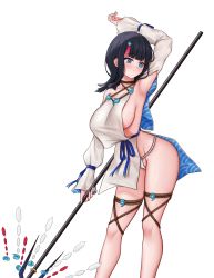 Rule 34 | 1girl, absurdres, arm behind head, arm up, armpits, bare shoulders, black hair, blue eyes, blue ribbon, blush, breasts, closed mouth, collarbone, dress, erenav, fate/grand order, fate/requiem, fate (series), fundoshi, highres, japanese clothes, jewelry, large breasts, long sleeves, looking at viewer, magatama, magatama hair ornament, medium hair, multicolored hair, necklace, pelvic curtain, pink hair, polearm, puffy long sleeves, puffy sleeves, revision, ribbon, seigaiha, short dress, sideboob, sideless outfit, simple background, spear, streaked hair, thighs, utsumi erice, weapon, white background, white dress