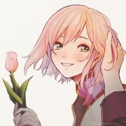 Rule 34 | 1girl, artist name, close-up, estellise sidos heurassein, flower, gloves, green eyes, hand on another&#039;s head, highres, holding, holding flower, pink hair, shako (tecolsmes), short hair, simple background, smile, solo, tales of (series), tales of vesperia, tulip, white gloves