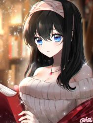 Rule 34 | 1girl, argyle clothes, argyle hairband, berrypop, black hair, blue eyes, blurry, blurry background, blush, book, bookshelf, breasts, cleavage, collarbone, hairband, holding, holding book, idolmaster, idolmaster cinderella girls, light particles, looking at viewer, medium breasts, off-shoulder sweater, off shoulder, ribbed sweater, sagisawa fumika, signature, solo, sparkle, sweater, upper body, white hairband