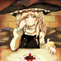 Rule 34 | 1girl, ^ ^, alcohol, bad id, bad pixiv id, blonde hair, blush, book, cake, champagne, christmas, closed eyes, facing viewer, female focus, food, fruit, hat, ken (coffee michikusa), kirisame marisa, long hair, lovestruck, pastry, playing with own hair, pov across table, ribbon, solo, strawberry, touhou, witch, witch hat