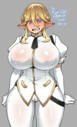Rule 34 | 1girl, agawa ryou, angry, aqua eyes, arms behind back, artist name, belt, black belt, black neckerchief, blonde hair, blush, braid, breasts, cameltoe, cleft of venus, clenched teeth, commentary, covered erect nipples, dated, elbow gloves, elf, english commentary, fangs, gloves, gold trim, grey background, hair between eyes, huge breasts, large areolae, looking at viewer, neckerchief, no bra, numbered, open mouth, original, pointy ears, puffy nipples, puffy short sleeves, puffy sleeves, see-through, short hair, short hair with long locks, short sleeves, sidelocks, simple background, skin tight, solo, sweat, teeth, thick thighs, thigh strap, thighs, white gloves, wide hips