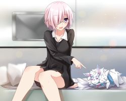 Rule 34 | 1girl, :d, :o, arm at side, bare legs, bed, bed sheet, black-framed eyewear, blush, collarbone, creature, dust, eyebrows, fate/grand order, fate (series), fou (fate), fur, glasses, hair over one eye, lens flare, long sleeves, mash kyrielight, on bed, open mouth, parted lips, pillow, pink hair, pointy ears, poking, purple eyes, red ribbon, ribbon, screen, semi-rimless eyewear, short hair, sitting, smile, tareme, television, tsuezu, under-rim eyewear