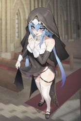 Rule 34 | 1boy, :p, absurdres, arknights, blue eyes, blue hair, censored, chastity cage, clothes lift, dress, dress lift, gins, highres, lifting own clothes, mary janes, mizuki (arknights), mosaic censoring, naughty face, nun, penis, pervert, piercing, shoes, solo, tagme, testicles, thighhighs, tongue, tongue out, tongue piercing, trap, white thighhighs