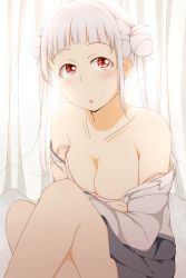 Rule 34 | 1girl, :o, arashi chisato, artist name, artist request, bare legs, bare shoulders, bed, belt, black socks, blush, bow, bowtie, bra, unworn bra, breasts, buttons, cleavage, collarbone, collared shirt, double bun, dress, dress shirt, female focus, grey belt, grey shirt, grey skirt, hair bun, hair tie, highres, indoors, long hair, long sleeves, looking at viewer, love live!, love live! superstar!!, medium breasts, miniskirt, neck ribbon, o-ring, o-ring belt, on bed, open clothes, open shirt, parted lips, pink bra, plaid, plaid skirt, pleated, pleated skirt, red bow, red eyes, red ribbon, ribbon, school uniform, shirt, unworn shirt, skirt, smile, socks, solo, twintails, underwear, white curtains, white hair, white shirt, wing collar, yuigaoka school uniform