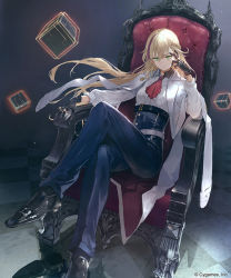 Rule 34 | 1girl, ascot, blonde hair, braid, chair, coat, coat on shoulders, collared shirt, company name, copyright notice, crossed legs, cube, floating, floating object, green eyes, hand up, multicolored hair, nahtnaught, official art, on chair, pants, ponzu (catponz), shadowverse, shirt, shoes, sitting, solo, streaked hair
