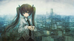 Rule 34 | 1girl, blue eyes, building, city, cityscape, grey hair, hair ribbon, hatsune miku, highres, lm7 (op-center), long hair, long sleeves, necktie, ribbon, scenery, school uniform, sky, smile, solo, twintails, vocaloid