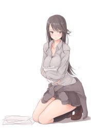 Rule 34 | 1girl, absurdres, black hair, black socks, blush, breasts, clothes around waist, full body, highres, jitome, kneehighs, kneeling, large breasts, loafers, long hair, original, paper, rucchiifu, school uniform, shoes, simple background, socks, solo, sweater, sweater around waist, swept bangs, thighs, uniform, very long hair, white background