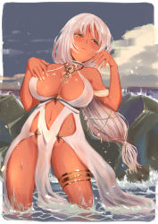 Rule 34 | 1girl, azur lane, blush, breasts, cleavage, clothing cutout, cloud, commentary request, dark-skinned female, dark skin, dress, facial mark, forehead mark, jewelry, large breasts, long hair, massachusetts (azur lane), massachusetts (dressed to impress) (azur lane), mofumoffua, navel, navel cutout, necklace, ocean, partially submerged, pink eyes, revealing clothes, rock, solo, standing, thigh strap, wading, water, wet, white dress, white hair