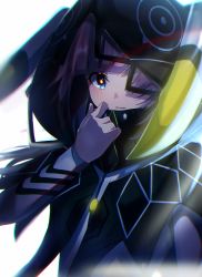Rule 34 | 1girl, :|, absurdres, adjusting clothes, adjusting collar, bad id, bad pixiv id, black hood, blue eyes, blurry, blurry foreground, chromatic aberration, closed mouth, clothing request, commentary request, hair over one eye, hand up, high collar, highres, hood, hood up, kaf (kamitsubaki studio), kamitsubaki studio, long sleeves, looking at viewer, medium hair, one eye covered, pink hair, simple background, sleeves past wrists, solo, tirudo29, upper body, virtual youtuber, white background, yellow pupils