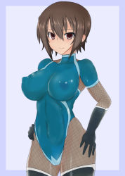 Rule 34 | 1girl, berumina, bodysuit, breasts, brown eyes, brown hair, covered erect nipples, elbow gloves, fishnet bodysuit, fishnets, girls und panzer, gloves, highres, large breasts, leotard, looking at viewer, nipples, nishizumi maho, short hair, solo, thighhighs