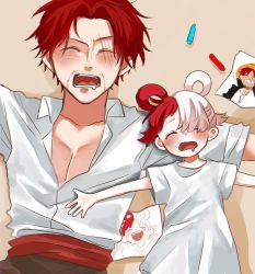 Rule 34 | 1boy, 1girl, age difference, aged down, artist request, child, drawing, father and daughter, highres, kneeling, long hair, lying, lying on person, multicolored hair, one piece, one piece film: red, open mouth, red hair, saliva, saliva trail, scar, scar across eye, shanks (one piece), shirt, simple background, sleeping, two-tone hair, uta (one piece), very long hair