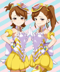 Rule 34 | 2girls, bare shoulders, blush, brown eyes, brown hair, closed mouth, commentary request, cowboy shot, cup, dress, eyelashes, frilled dress, frills, furrowed brow, futami ami, futami mami, gloves, hair ribbon, hand on own hip, hand up, highres, holding hands, idol, idol clothes, idolmaster, idolmaster (classic), looking at viewer, mappy (minogue), medium hair, multiple girls, one side up, ribbon, short dress, short hair, siblings, side ponytail, sidelocks, sisters, sleeveless, sleeveless dress, smile, smug, split mouth, teacup, teatime happiness (idolmaster), twins, two-tone dress, white gloves, yellow dress, yellow ribbon